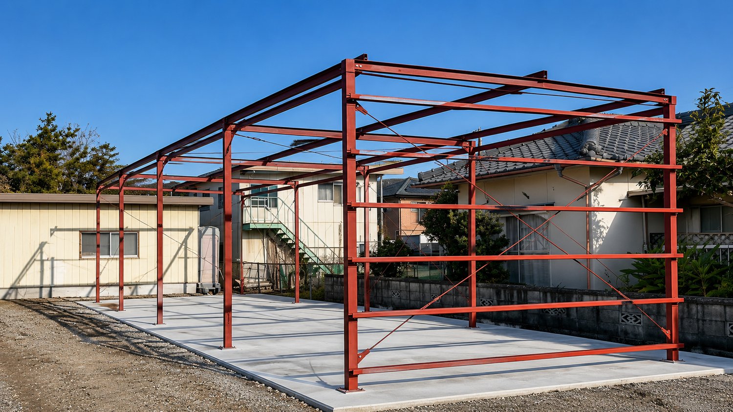 鉄骨フレームの現場建方｜愛媛県内の施工現場にて